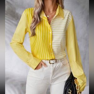 Classic Top Blouse Button Down Shirt Yellow White